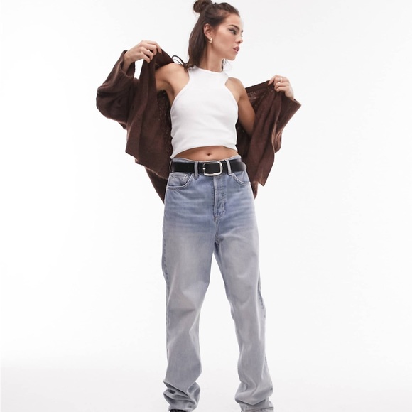 Topshop knitted fluffy v-neck wide rib cardigan in brown - Picture 4 of 8